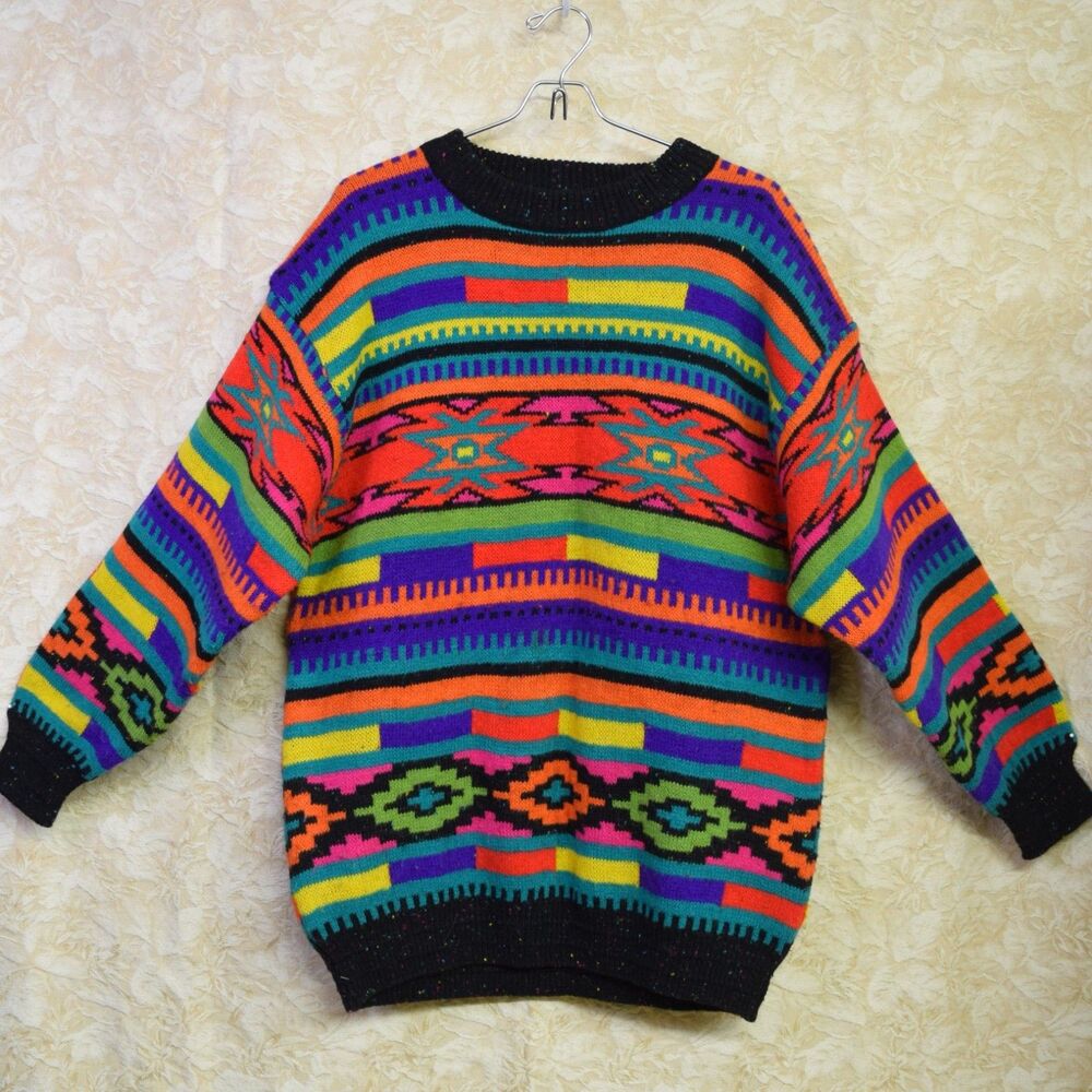 Studio Michelle Stuart Colorful 30% Wool Sweater Women Sz M Vtg 80-90s Geometric